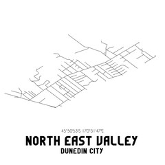 North East Valley, Dunedin City, New Zealand. Minimalistic road map with black and white lines