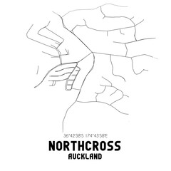 Northcross, Auckland, New Zealand. Minimalistic road map with black and white lines