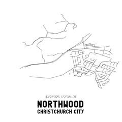 Northwood, Christchurch City, New Zealand. Minimalistic road map with black and white lines