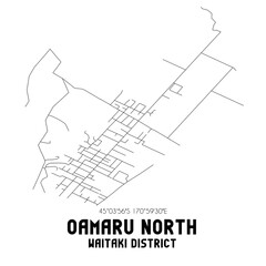 Oamaru North, Waitaki District, New Zealand. Minimalistic road map with black and white lines