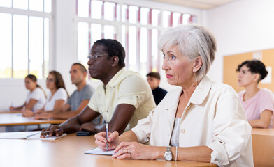 Senior woman sitting at desk in classroom while attending foreign language course with group of people.