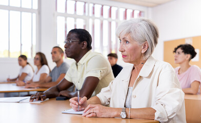 Senior woman sitting at desk in classroom while attending foreign language course with group of...