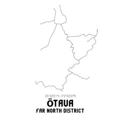 Otaua, Far North District, New Zealand. Minimalistic road map with black and white lines