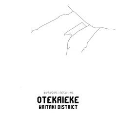 Otekaieke, Waitaki District, New Zealand. Minimalistic road map with black and white lines