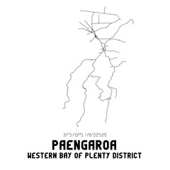 Paengaroa, Western Bay of Plenty District, New Zealand. Minimalistic road map with black and white lines