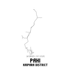 Pahi, Kaipara District, New Zealand. Minimalistic road map with black and white lines