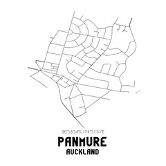Panmure, Auckland, New Zealand. Minimalistic road map with black and white lines
