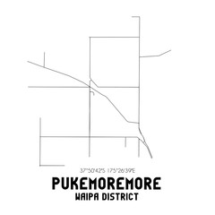 Pukemoremore, Waipa District, New Zealand. Minimalistic road map with black and white lines