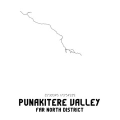 Punakitere Valley, Far North District, New Zealand. Minimalistic road map with black and white lines
