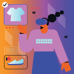 Shopping in virtual Reality. Woman in Goggles purchasing online. Metaverse flat vector illustration. Concept of future innovations.