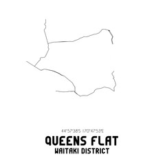 Queens Flat, Waitaki District, New Zealand. Minimalistic road map with black and white lines