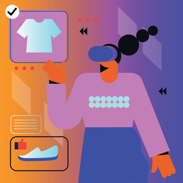 Shopping in virtual Reality. Woman in Goggles purchasing online. Metaverse flat vector illustration. Concept of future innovations.