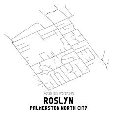 Roslyn, Palmerston North City, New Zealand. Minimalistic road map with black and white lines