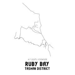 Ruby Bay, Tasman District, New Zealand. Minimalistic road map with black and white lines