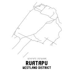 Ruatapu, Westland District, New Zealand. Minimalistic road map with black and white lines