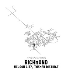 Richmond, Nelson City, Tasman District, New Zealand. Minimalistic road map with black and white lines