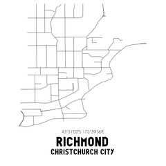 Richmond, Christchurch City, New Zealand. Minimalistic road map with black and white lines