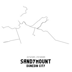 Sandymount, Dunedin City, New Zealand. Minimalistic road map with black and white lines