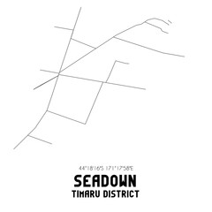 Seadown, Timaru District, New Zealand. Minimalistic road map with black and white lines