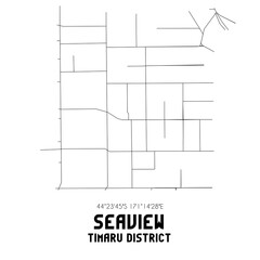 Seaview, Timaru District, New Zealand. Minimalistic road map with black and white lines