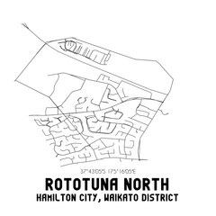 Rototuna North, Hamilton City, Waikato District, New Zealand. Minimalistic road map with black and white lines