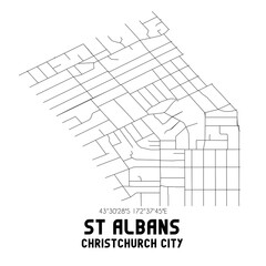 St Albans, Christchurch City, New Zealand. Minimalistic road map with black and white lines