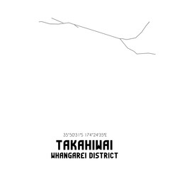 Takahiwai, Whangarei District, New Zealand. Minimalistic road map with black and white lines