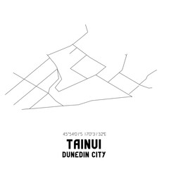 Tainui, Dunedin City, New Zealand. Minimalistic road map with black and white lines