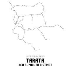 Tarata, New Plymouth District, New Zealand. Minimalistic road map with black and white lines