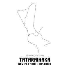 Tataraimaka, New Plymouth District, New Zealand. Minimalistic road map with black and white lines