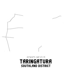 Taringatura, Southland District, New Zealand. Minimalistic road map with black and white lines