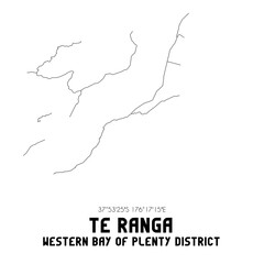 Te Ranga, Western Bay of Plenty District, New Zealand. Minimalistic road map with black and white lines
