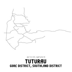 Tuturau, Gore District, Southland District, New Zealand. Minimalistic road map with black and white lines