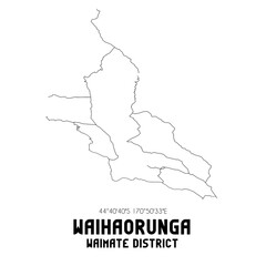 Waihaorunga, Waimate District, New Zealand. Minimalistic road map with black and white lines