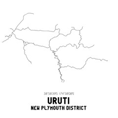 Uruti, New Plymouth District, New Zealand. Minimalistic road map with black and white lines