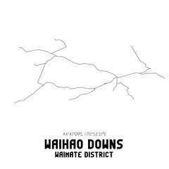 Waihao Downs, Waimate District, New Zealand. Minimalistic road map with black and white lines