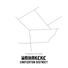 Waihakeke, Carterton District, New Zealand. Minimalistic road map with black and white lines