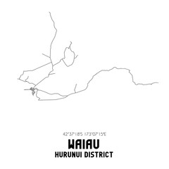 Waiau, Hurunui District, New Zealand. Minimalistic road map with black and white lines