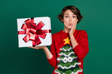 Photo of shocked funny girl dressed ugly print pullover arm cheekbone holding bow present package...