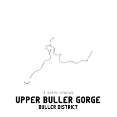 Upper Buller Gorge, Buller District, New Zealand. Minimalistic road map with black and white lines