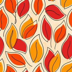 Autumn leaves seamless pattern. Fall surface print. Botanic motif. Eco, natural, organic concept background. Continuous single line design. Modern simple minimal flat style vector
