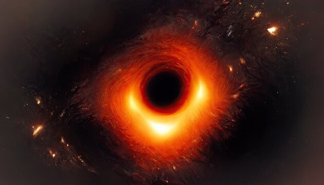 Scientists released the first picture of a black hole on April 2019. M87 is a large galaxy in Virgo Cluster, and its central black hole is one of largest. Black background copy space. 3D illustration