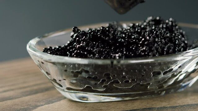 Black caviar close-up. Beluga sturgeon salted roe in glass bowl. Raw seafood. Luxury delicacy food. Delicious and tasty fish products. Russian cuisine. Festive dinner.