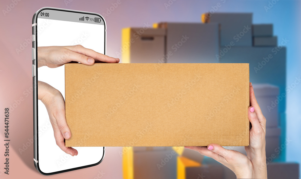 Poster cardboard box for shipping. hands with box in phone screen. postage box. concept app for ordering de