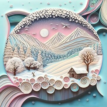 Magical Snow Landscape Paper Quilling Illustration in Pastel Colors | Created using Midjourney and Photoshop
