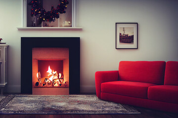 Christmas and cozy fireplace, balls, red sofa
