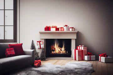 Christmas fireplace in room, side by side, Christmas tree, Xmas present gifts, grey sofa