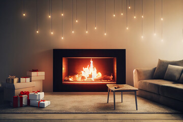 Fireplace in the room and Xmas present gifts, grey sofa