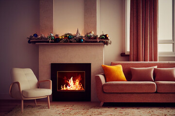 Christmas and cozy fireplace, festive balls, white sofa