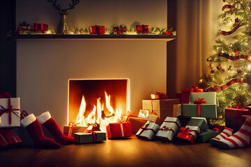 Christmas fireplace in a room, next to balls, Christmas tree, Xmas present gifts, 